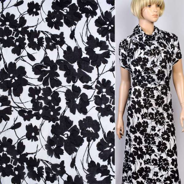 Батист деворе белый в черные цветы, ш.148