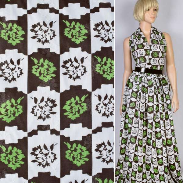 Батист деворе с метанитью коричнево-белая клетка,зеленые цветы ш.140