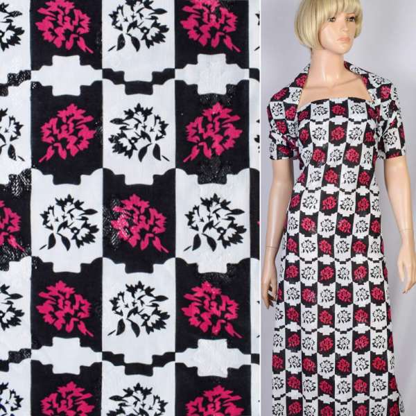 Батист деворе с метанитью черно-белая клетка, малиновые цветы ш.140