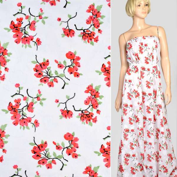 Батист деворе белый в красно-розовые цветочные ветки, ш.140