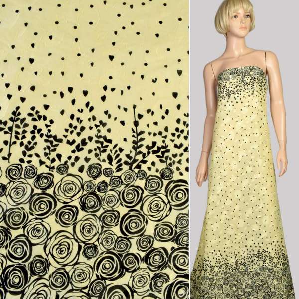 Батист деворе желтый светлый в черные розы купон, ш.140