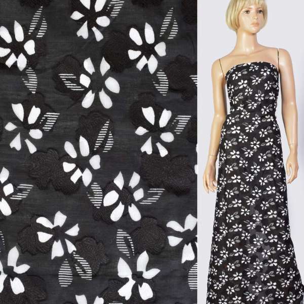 Батист деворе чорний в білі квіти, ш.140