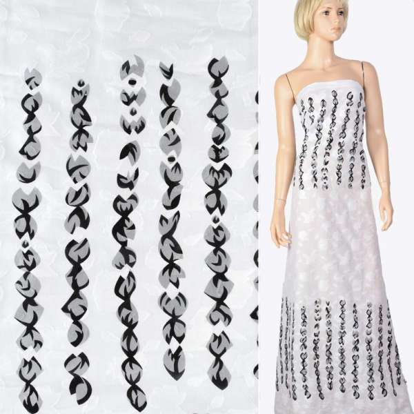 Батист деворе купон белый в черно-серые листья, ш.140