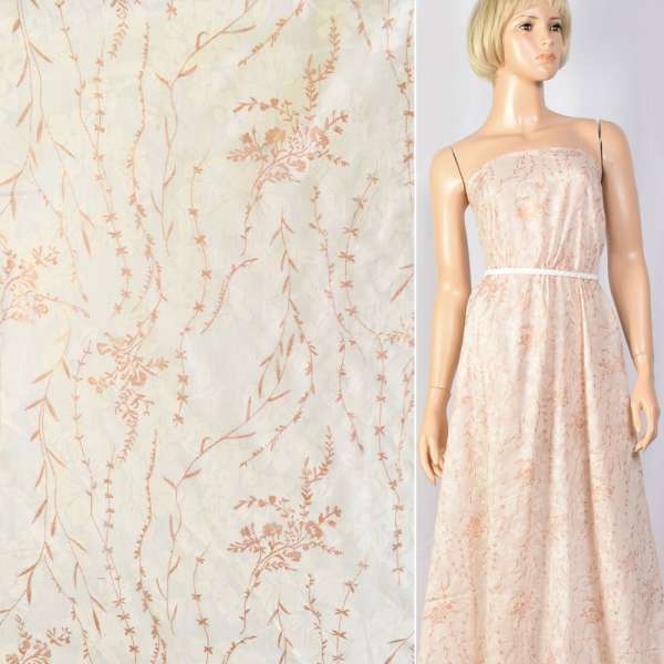 Батист деворе бежевый с золотой цветочной печатью, ш.150