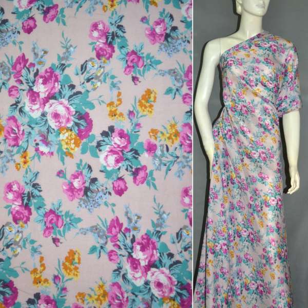 Батист диллон бледно-розовый в малиново-желтые цветы ш.140