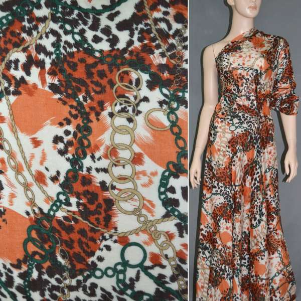 Батист диллон молочно-терракотовый принт леопард с цепями ш.140