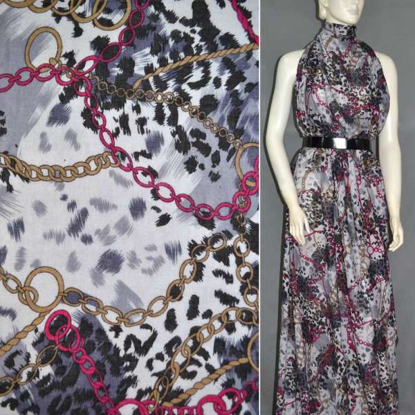 Батист диллон молочно-серый принт леопард с цепями ш.140