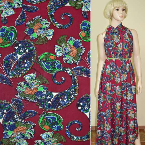 Батист диллон вишневый с зелено-синими завитками и цветами ш.140