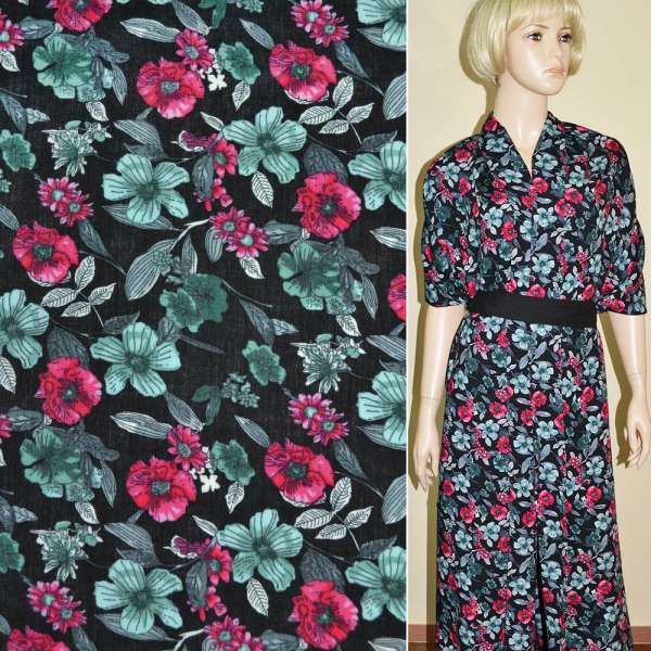 Батист диллон черный с красно-серыми цветами ш.140