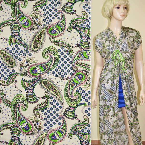 Батист диллон бежевый с желто-зелеными огурцами и мелкими цветами ш.140