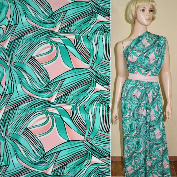 Батист диллон бирюзовый с кораллово-белой абстракцией ш.142