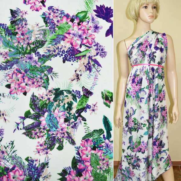 Батист диллон белый с розово-фиолетовыми цветами ш.140