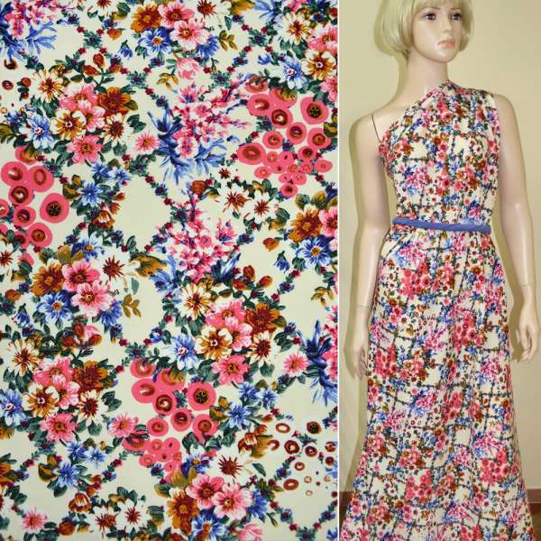 Батист диллон кремовый с розово-синими цветами ш.140