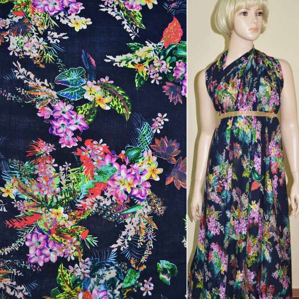 Батист диллон темно-синий с розовыми цветами ш.142