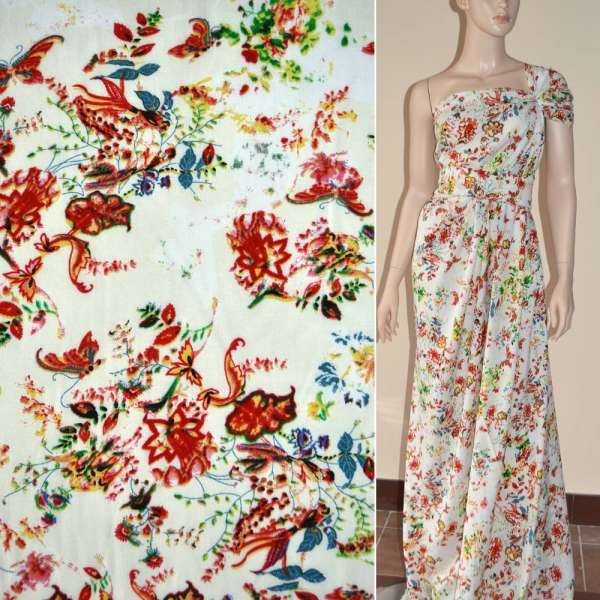 Батист диллон кремовый с желто-красными цветами и бабочками ш.140