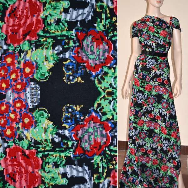 Батист диллон черный с красно-серыми графическими цветами ш.140