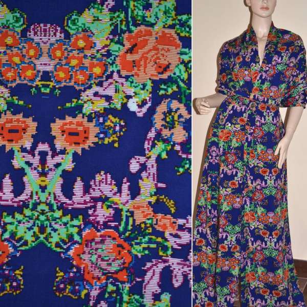 Батист Діллон синій з помаранчевими зеленими графічними квітами ш.140