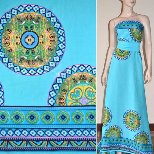 Батист Діллон бірюзовий світлий, двосторонній купон жовто-зелені кола ш.140