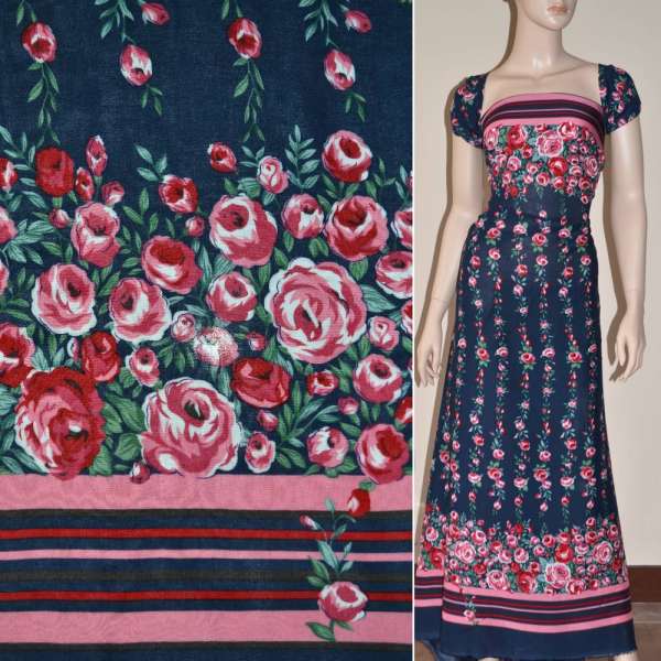 Батист Діллон синій, двосторонній купон рожево-вишневі квіти і смужки ш.140