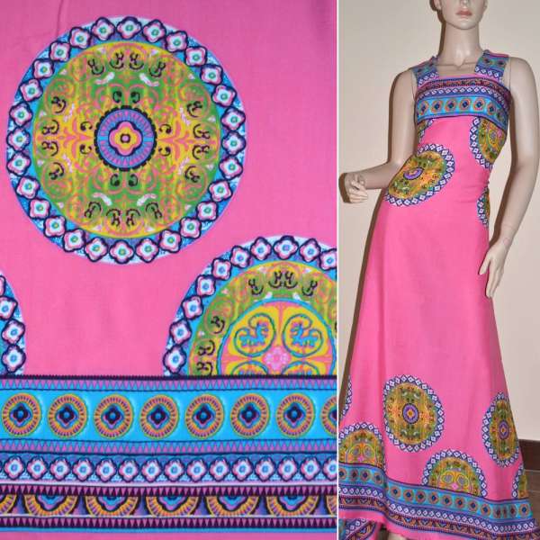 Батист диллон розовый с двухсторонним купоном желто-голубыми кругами ш.140