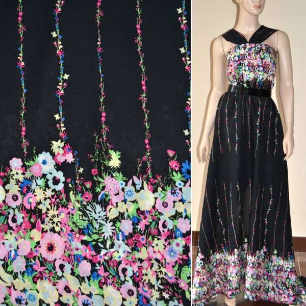 Батист диллон черный,двухсторонний купон розовые цветы ш.140