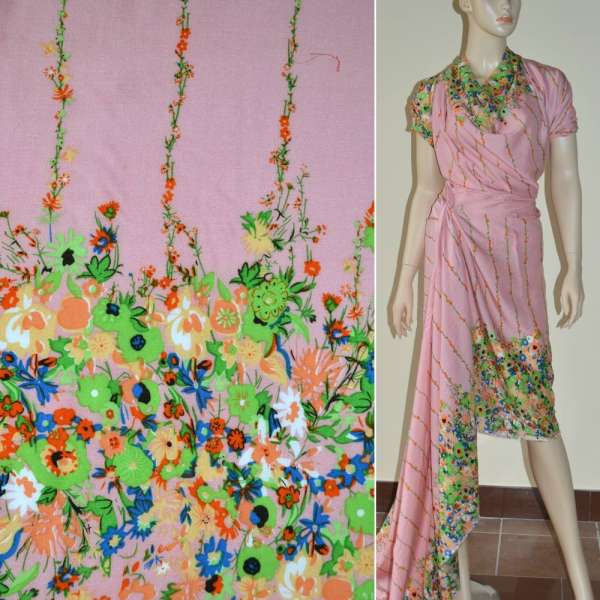 Батист диллон серо-розовый,двухсторонний купон салатовые цветы ш.140