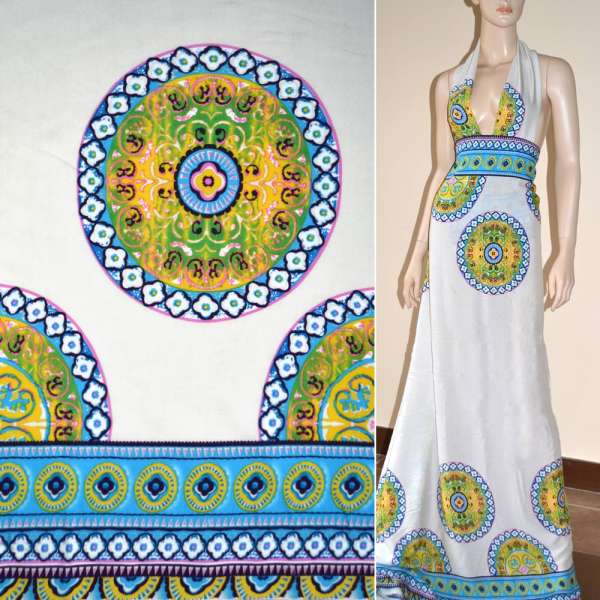 Батист диллон молочный с голубым двухсторонним купоном в желтые круги ш.140