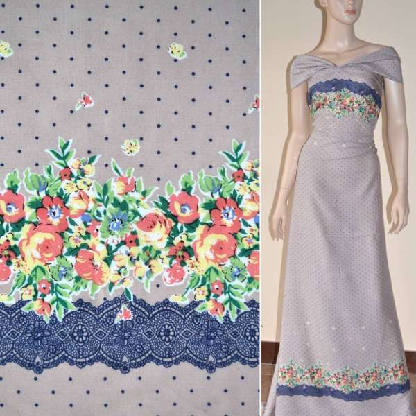 Батист Діллон кавовий світлий з 2-ст. купоном в квіти і дрібний горох, ш.140