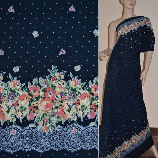 Батист диллон темно-синий с двухсторонним купоном в цветы и мелкий горох ш.140