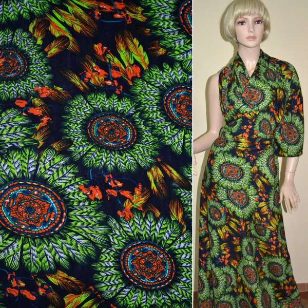 Батист диллон темно-синий с зелеными перьями и оранжевым рисунком ш.140