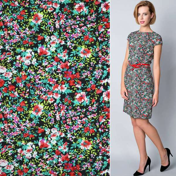 Батист диллон черный с красно-белыми мелкими цветами ш.145