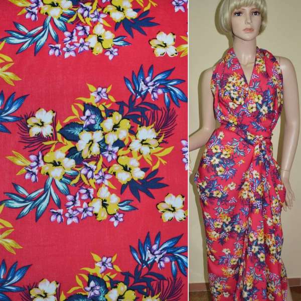 Батист Діллон яскраво-рожевий з жовто-синіми квітами ш.142