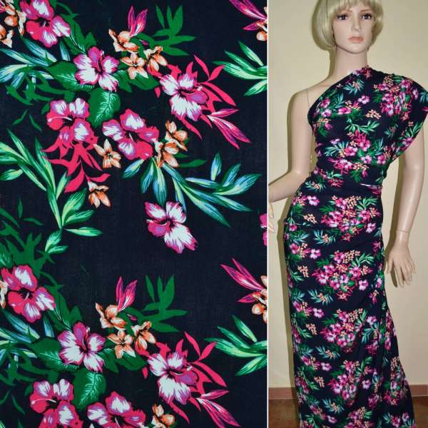 Батист диллон темно-синий с малиновыми цветами ш.140