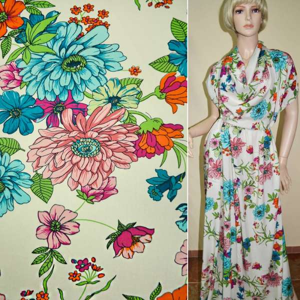 Батист диллон кремовый с розово-голубыми оранжево-малиновыми цветами ш.140