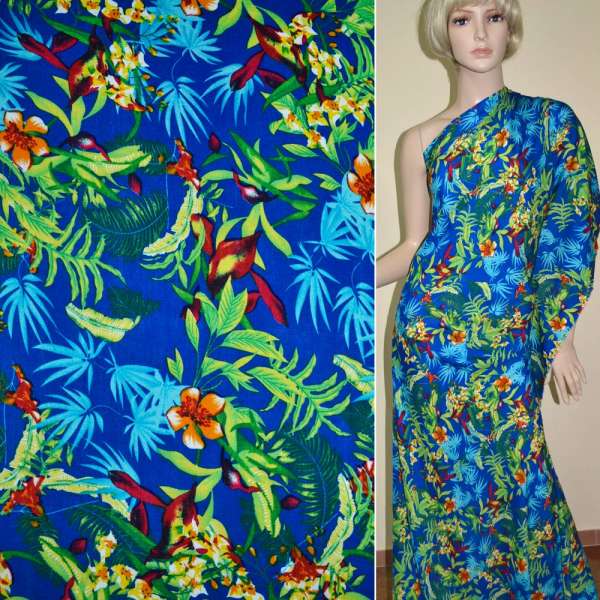 Батист диллон синий с зелено-желтым цветочным рисунком ш.142