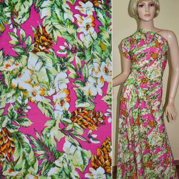 Батист диллон розово-малиновый с молочно-салатно-желтым цветочным рисунком ш.142