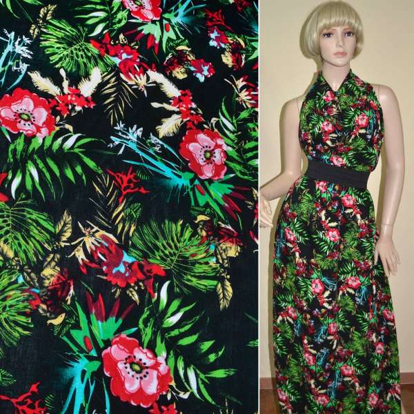 Батист диллон черный с красно-зеленым цветочным рисунком ш.140