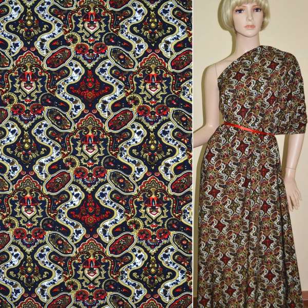 Батист диллон темно-синий с красно-золотистыми вензелями ш.145