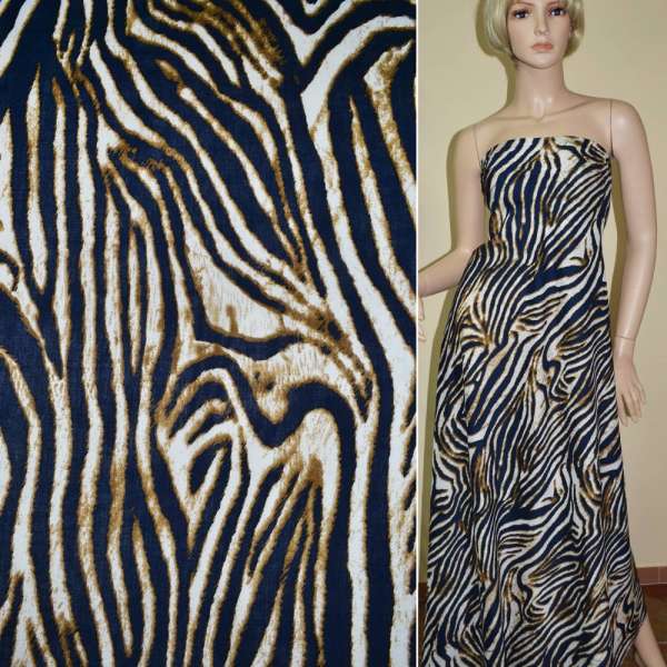 Батист диллон молочно-синий с коричневым принтом зебра ш.140