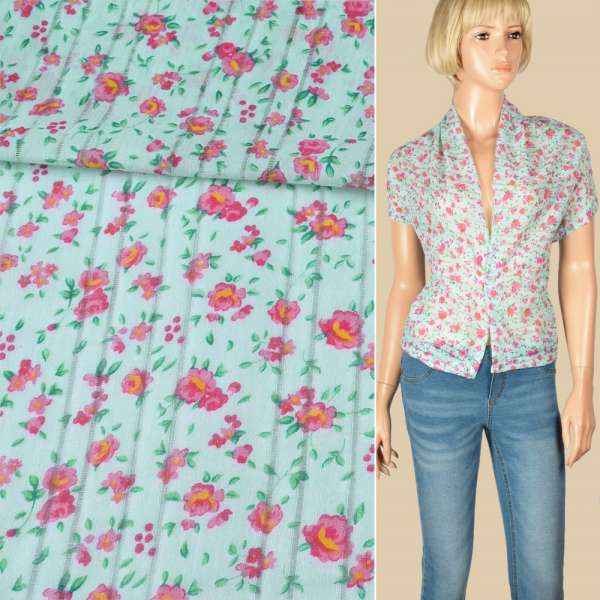 Батист с мережкой мятный в розово-желтые розы, ш.140