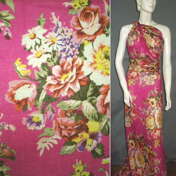 Батист малиновый с бежево-красными цветами ш.140