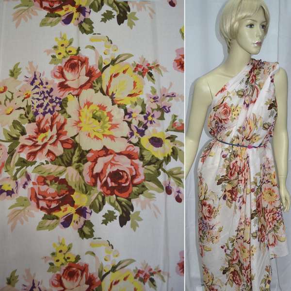 Батист белый с бежево-красными цветами ш.140