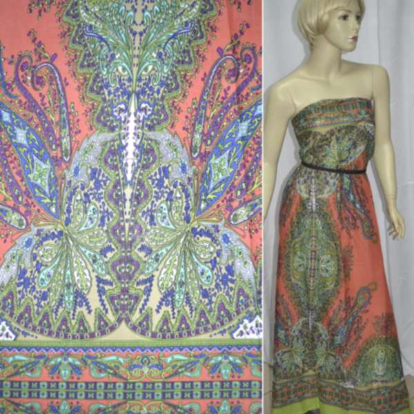 Батист салатно-терракотовый,двухсторонний купон огурцы ш.140