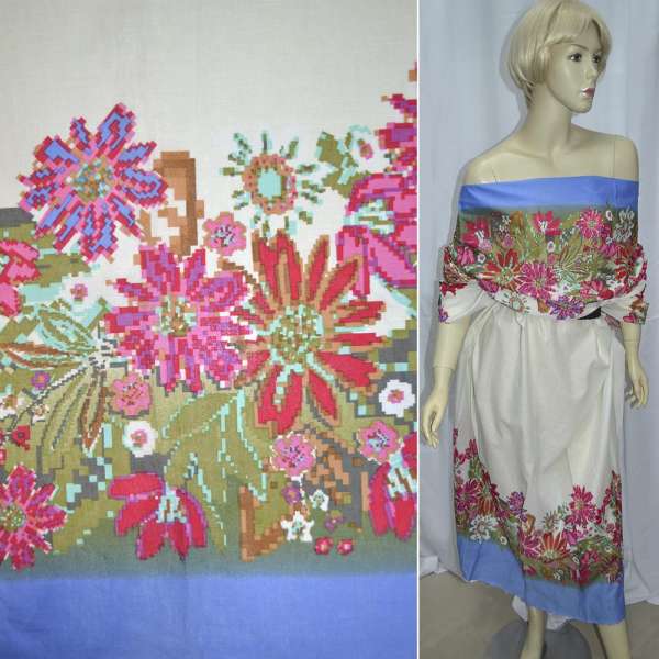 Батист молочно-голубой,двухсторонний купон в цветы ш.140