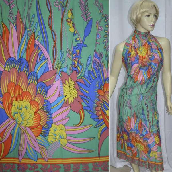 Батист зеленый,двухсторонний купон в желто-голубые цветы ш.140