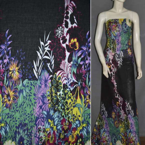 Батист черный с двухсторонним зелено-желтым купоном цветы ш.140