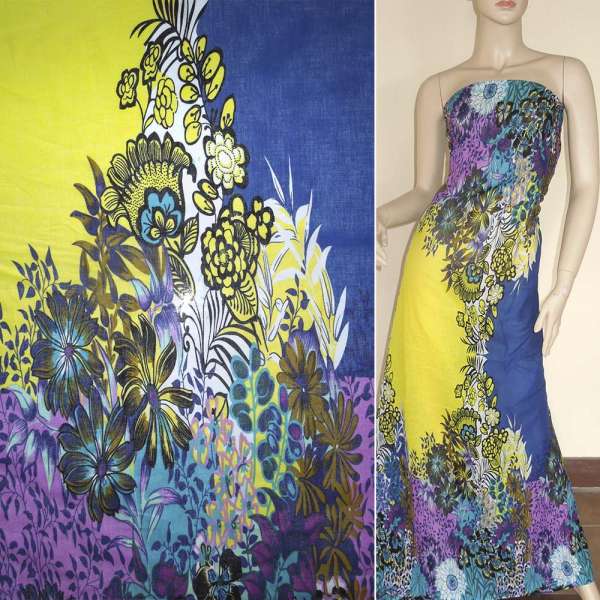 Батист бирюзово-жовтий, двосторонній купон в квіти ш.140