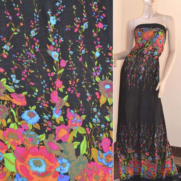 Батист черный,двухсторонний купон малиново-синие цветы ш.140