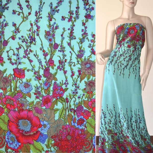 Батист зеленый светлый с двухсторонним бордово-синим купоном цветы ш.140