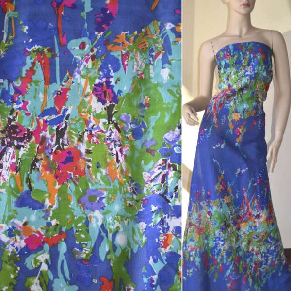 Батист синий светлый, двухсторонний купон бирюзово-зеленые цветы ш.140